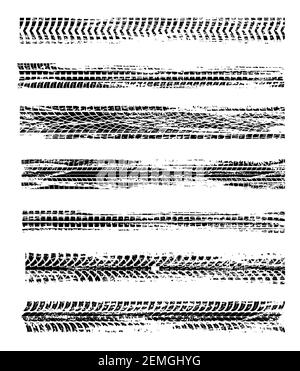 Empreintes de pneus, les pneus de voiture tracent des marques vectorielles de grunge isolées. Automobile ou moto course, véhicule, transport roues sales trace. Monosynchro abstraite Illustration de Vecteur