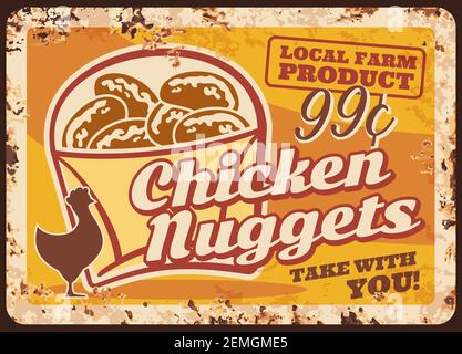 Nuggets de poulet plaque en métal rouillé, viande de poule frite à emporter vector, panneau d'étain rouille vintage produit agricole local. Affiche rétro savoureuse repas rapide, Illustration de Vecteur