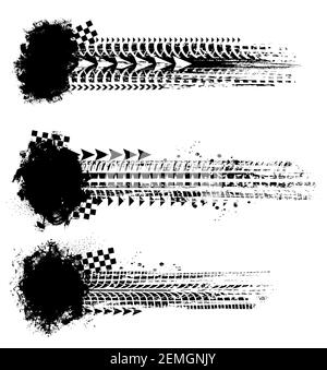 Offroad sport, imprimés de pneus avec drapeau à carreaux et flèches, les pneus de voiture suivent des marques vectorielles de grunge. Course automobile ou moto, tournoi de rallye. Abstra Illustration de Vecteur
