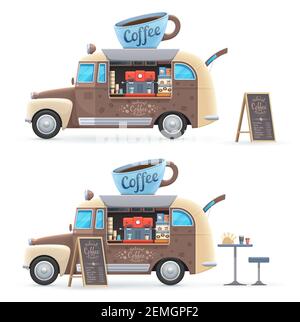 Camion de nourriture de café camionnette rétro vecteur isolée avec une énorme tasse sur le toit, machine à café, menu tableau noir et table avec chaise. Voiture de transport de dessin animé pour Illustration de Vecteur