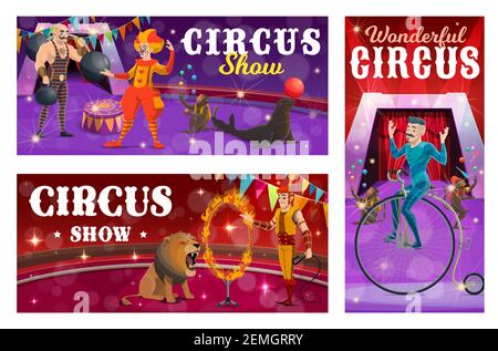 Banderoles vectorielles de spectacle de cirque avec personnages forts, clown, tamer et rider de vélo rétro. Artistes de dessins animés sur une grande arène. Artistes de cirque perfor Illustration de Vecteur