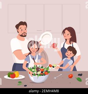 Joyeux papa, maman et enfants préparent le dîner Illustration de Vecteur