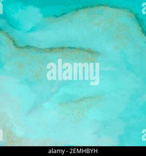 Arrière-plan abstrait aquarelle turquoise. Illustration de la texture du marbre avec de l'or. Bannière carrée. Traînées d'encre. Banque D'Images
