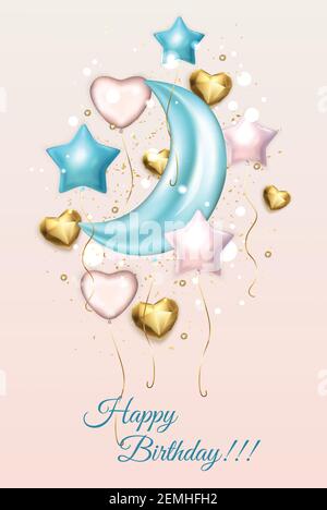 Motif joyeux anniversaire. Ballons colorés, étoiles, lune, coeur sur fond de couleur. Conception pour modèle de carte, carte de vœux, poster ou Illustration de Vecteur