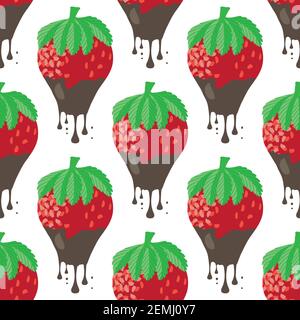 Fond de motif vectoriel sans couture fraise trempée au chocolat. Baies rouges pâles qui goutent de gouttes de ganache sucrée. Fruits de jardin Illustration de Vecteur