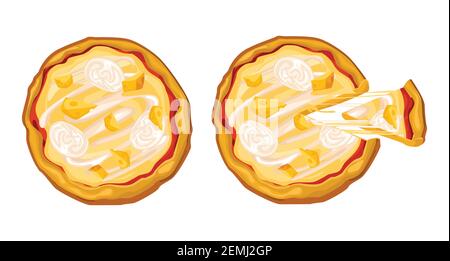 Pizza au fromage entière et avec une pièce coupée, le fromage s'étire appétissamment, avec des morceaux de mozzarella et du fromage dur. Illustration de Vecteur