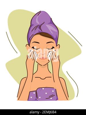 Femme nettoie le visage faisant des soins de beauté à la maison. Soins du visage. Vector Illustration de Vecteur