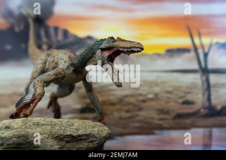 velociraptor à plumes avec bouche ouverte dans le pays jurassique avec volcan en arrière-plan. Banque D'Images