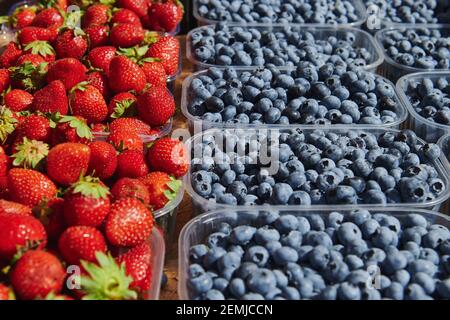 Des boîtes en plastique avec des bleuets et des fraises sur le marché par temps ensoleillé. Produits agricoles. Banque D'Images