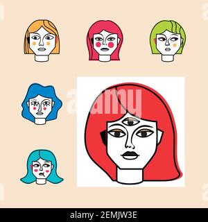 les femmes surréalistes font face à un portrait abstrait Illustration de Vecteur