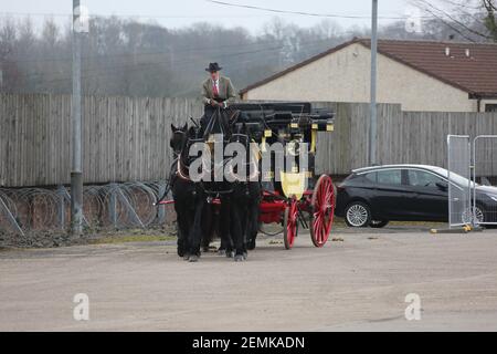 Stagecoach garage, Kilmarnock, Écosse, Royaume-Uni 08 avril 2018. Journée portes ouvertes au dépôt avec divers bus et autocars exposés, rétrogradations et magasins. Un cheval de stagecoach a donné des promenades autour de la cour de garage Banque D'Images