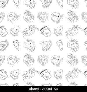 Motif sans couture avec visages fous faits dans les dessins au trait style vectoriel Illustration de Vecteur