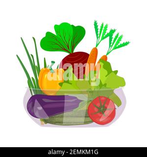 Légumes dans un bol isolé sur fond blanc. Cloche, carotte, tomate, poivre, oignon, laitue, betteraves, courgettes, aubergines dans une assiette de verre. Vecteur Illustration de Vecteur