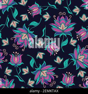 Motif vectoriel sans couture avec fleur phosphorescente au néon sur fond bleu. Papier peint romantique à motif fleuri vintage aux couleurs vives. Mode nénuphar tropical Illustration de Vecteur