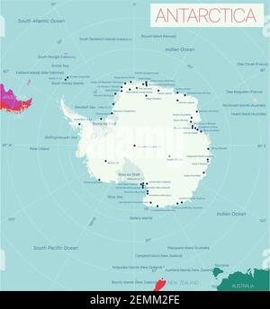 Carte modifiable de l'Antarctique avec villes et bases de pays et sites géographiques. Fichier vectoriel EPS-10 Illustration de Vecteur