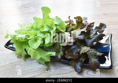 salade de légumes frais en chêne rouge avec préparation de gouttes d'eau sur la plaque Banque D'Images