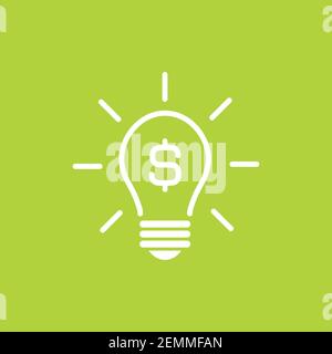 Silhouette blanche d'ampoule avec rayons et signe dollar. Icône plate. Isolé sur fond vert. Icône Nouvelle idée d'entreprise. Étiquette d'économie d'argent. Illustrateur vectoriel Illustration de Vecteur