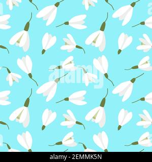 Arrière-plan transparent avec gouttes de neige. Vecteur. Un motif répété avec des fleurs de printemps. Fleurs blanches sur fond bleu. Illustration de Vecteur