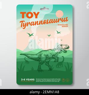 Modèle d'étiquette de dinosaure de jouet. Résumé Vector Packaging Design Layout. Typographie moderne avec paysage de volcan préhistorique et dessiné à la main Illustration de Vecteur