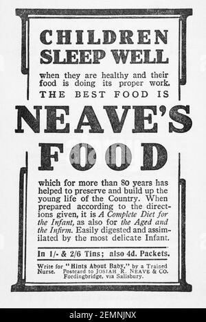 La publicité de la nourriture pour bébé de Old Victorian Neave de 1905 - dans les jours avant les normes de publicité. Vieille publicité de nourriture victorienne, histoire de la publicité. Banque D'Images