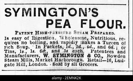 Vieux magazine victorien papier journal Symington's Pea Flour publicité de 1880 - avant l'aube des normes publicitaires. Également fait dans le pain et le pudding à la pase Banque D'Images