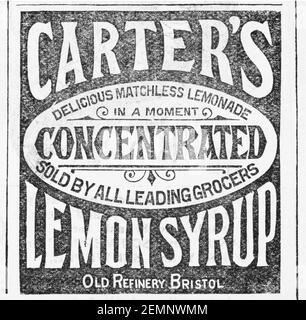 Old Victorian magazine Newsprint carter's Lemon Syrup Food annonce de 1897 - avant l'aube des normes publicitaires. Histoire de la publicité. Banque D'Images