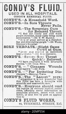 Old Victorian magazine Newsprint Condy's miracle de médecine fluide réparatrice annonce de 1891 - avant les normes de publicité. Antécédents médicaux. Banque D'Images