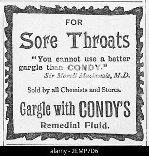 Vieux magazine victorien papier journal Condy's mal de gorge la publicité de 1895 - avant l'aube des normes publicitaires. Histoire de la médecine. Banque D'Images