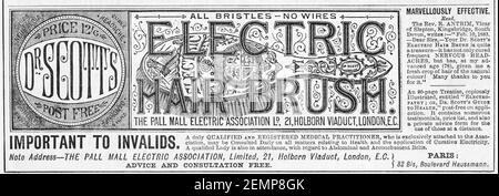 Old Victorian magazine Newsprint Dr. Scott's Electric Hair Brush publicité de 1883 - avant l'aube des normes publicitaires. Histoire de la médecine. Banque D'Images