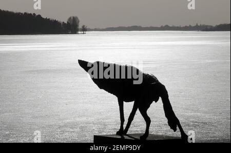 24 février 2021, Mecklembourg-Poméranie occidentale, Waren (Müritz): Le soleil se reflète dans la glace Müritz devant la sculpture 'le Loup-she' de Walther Preik (05.03.1932 - 11.05.2018). Indépendamment des températures douces pendant plus d'une semaine, une calotte glaciaire fermée arrête toujours toute navigation sur le Müritz, le plus grand lac intérieur d'Allemagne avec une superficie de 117 kilomètres carrés. Photo: Bernd Wüstneck/dpa-Zentralbild/ZB Banque D'Images