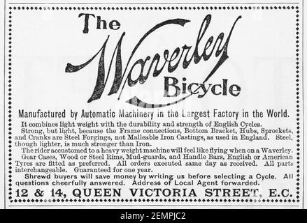 Vieille publicité de vélo Waverley de 1897 - avant l'aube des normes de publicité. Histoire de la publicité, vieilles publicités, histoire de la publicité Banque D'Images