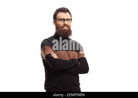 Homme barbu portant un pull à col roulé isolé sur fond blanc Banque D'Images