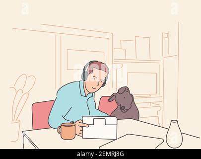 Communication, freelance, concept de visioconférence. Jeune homme personnage assis sur une chaise à la maison parlant avec un ami en ligne. Travail à distance à l'isolement Illustration de Vecteur