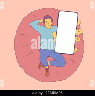 Un homme heureux avec un smartphone. Promotion de la démonstration d'appareils technologiques innovants. Illustrations vectorielles de style dessinées à la main. Illustration de Vecteur