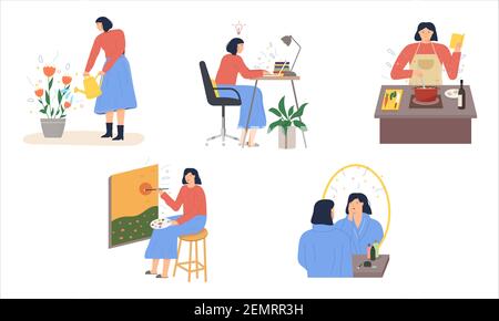 Concept de séjour à la maison. Fille prend soin de la maison, le travail, la cuisine. Auto-isolement, quarantaine due au coronavirus. Illustration de Vecteur