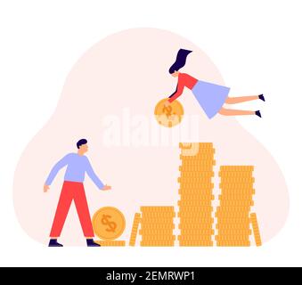 Femme et homme d'affaires travail d'équipe avec des pièces de monnaie. Homme et femme tenant de l'argent, personnes avec des pièces, monnaie dollar, investisseur ou employé vue portrait avec b Illustration de Vecteur