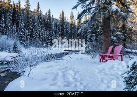 Deux chaises Adirondack rouges à proximité de la rivière Maligne en hiver Banque D'Images