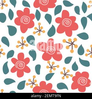 Motif de fleurs simples rouges avec feuilles vertes et baies jaunes Illustration de Vecteur