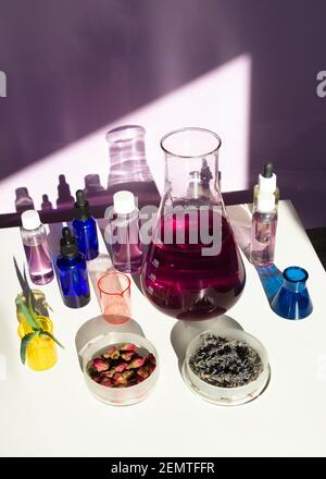 Laboratoire cosmétique ou chimique abstrait. Équipement de laboratoire, flacons, tubes à essai, boîtes de Petri. Concept créatif avec ombres dures. Banque D'Images