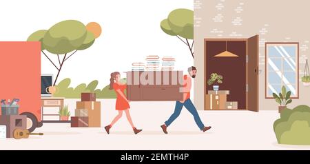 Homme et femme se déplaçant dans la nouvelle banlieue vecteur de la maison illustration plate. Personnages masculins et féminins portant une armoire ou une commode avec des livres. Mouvement, concept de relocalisation. Illustration de Vecteur
