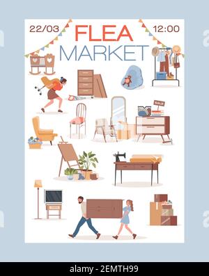 Motif poster d'invitation à la carte de marché aux puces. Heureux souriant les gens, les hommes, et les femmes portant, achetant, vendant des vêtements vintage, mobilier et décoration. Concept de bannière de vente de garage. Illustration de Vecteur