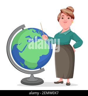 Vecteur de bourse heureuse souriante femme d'âge moyen enseignante. Femme souriante enseignante personnage de dessin animé debout près de grand globe. Illustration de Vecteur