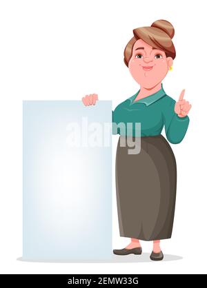 Vecteur de bourse heureuse souriante femme d'âge moyen enseignante. Femme souriante enseignante personnage de dessin animé debout près de l'écriteau vierge. Illustration de Vecteur