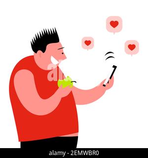 Un homme aime sur les réseaux sociaux. Dans ses mains une pomme et un smartphone. Sourire heureux sur votre visage. Illustration de dessin animé à vecteur isolé sur un blanc Illustration de Vecteur