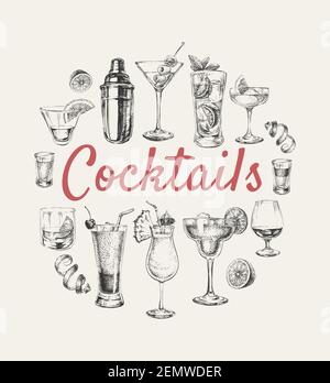 Ensemble de cocktails et de boissons alcoolisées dessinés à la main Jeu d'illustrations représentant une main vectorielle pour cocktails et boissons alcoolisées illustration Illustration de Vecteur