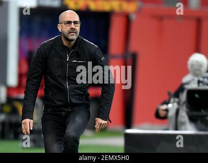 Leverkusen, Allemagne. 25 février 2021. Football: Europa League, knockout round, deuxième jambe, Bayer Leverkusen - jeunes garçons Berne à BayArena. Peter Bosz, entraîneur-chef de Leverkusen, réagit. Crédit : Martin Meissner/Pool AP/dpa/Alay Live News Banque D'Images