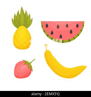 Ensemble élégant et mignon de fruits d'été pastèque, fraise, banane, ananas dans un style scandinave simple, dessin animé isolé sur fond blanc Illustration de Vecteur