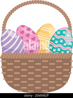 œufs de pâques peints dans un panier de paille motif vectoriel Illustration de Vecteur