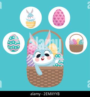lapin et œufs peints dans un panier et un paquet de quatre ensemble de pâques joyeux icônes dessin vectoriel d'illustration Illustration de Vecteur