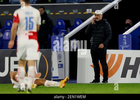 Leicester, Royaume-Uni, 25 février 2021 ; King Power Stadium, Leicester, Midlands, Angleterre; UEFA Europa League football, Knockout Round, Leicester City versus Slavia Prague; Slavia Prague Manager Jindrich Trpisovsky Banque D'Images